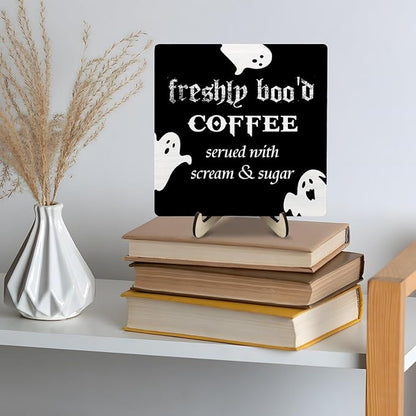 Freshly Boo'd Coffee Wood Sign, Halloween Coffee Bar Decor, Scream Sugar Spooky Season Haunted House Signs Ghosts Fall Shelf Sitter Kitchen Rustic Farmhouse Home Decor Wooden Plaque Sign