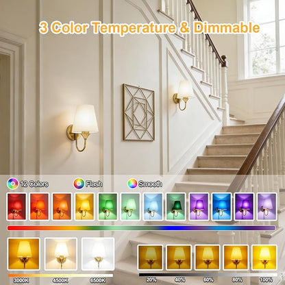 Battery Operated Wall Sconces Set of 2, Gold 10000mAh Rechargeable Dimmable LED Bulb, 15 Colors & Remote, with Fabric for Bedroom Living Room Hallway Staircase Decor