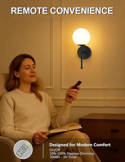 Battery Operated Wall Sconces Set of 2, Glass Globe Wireless Lights with Remote & Touch Control, Rechargeable Matte Black Sconce, 3 Color Dimmable Ambient Lighting for Bedroom Living Room