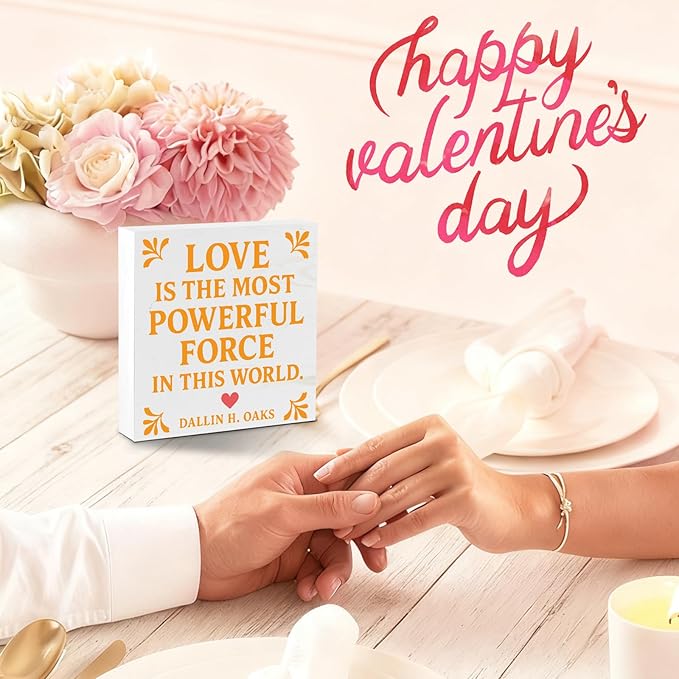 Valentines Desk Decor, Valentine's Day Home Office Table Sign for Wife Daughter from Dad Husband, Valentine Gifts Decorations for Porch Tiered Tray Shelf Party, Love Is The Most Powerful Force