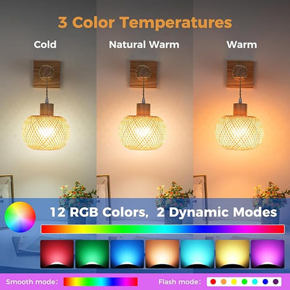 Battery Operated Wall Sconce with Remote Set of 2, Rechargeable Boho Wall Sconces with 8000mAh Bulbs, 3CCT+12RGB Dimmable Woven Bamboo Wall Light/Lamp Rattan Sconces for Bedroom Living Room