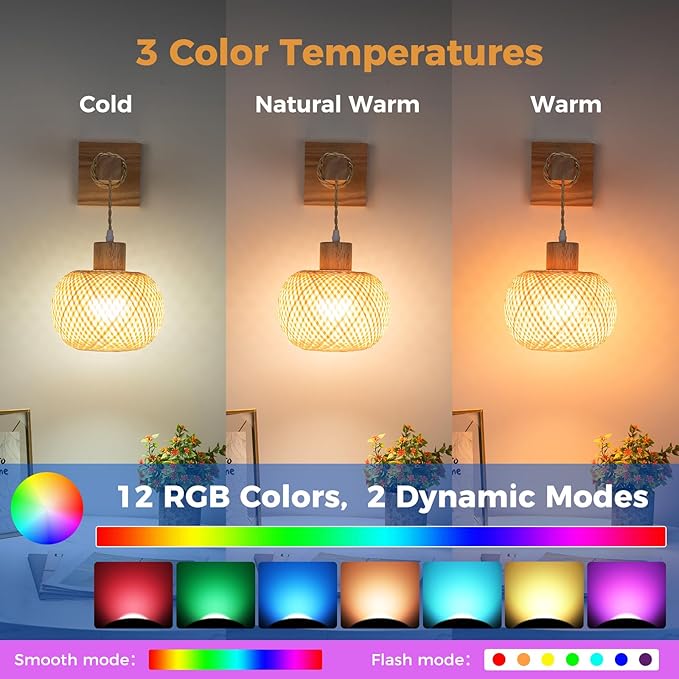 Battery Operated Wall Sconce with Remote Set of 2, Rechargeable Boho Wall Sconces with 8000mAh Bulbs, 3CCT+12RGB Dimmable Woven Bamboo Wall Light/Lamp Rattan Sconces for Bedroom Living Room