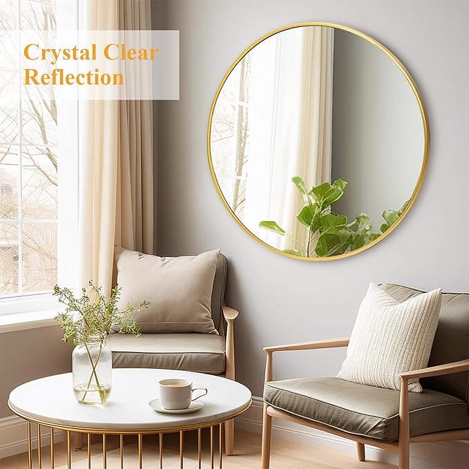 Fabuday Round Gold Mirror 30 Inch - Large Circle Mirror for Bathroom, Bedroom, Living Room, Hallway Decor, Hanging Big Golden Framed Circular Mirror