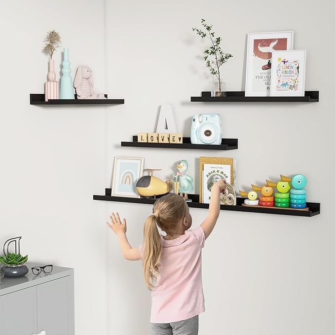Picture Ledge Shelf, Floating Shelves Set of 2, 24 Inches Nursery Book Shelves for Toys Storage, Kids Bookshelf Wall Mounted for Living Room Bedroom Decor Books Photo Frames, Black