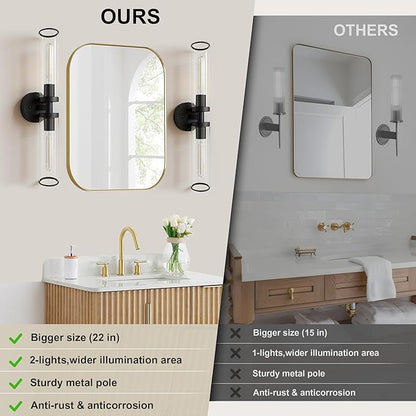 Black Wall Sconces, Set of 2, 22'' Modern Vanity Lights Fixture for Bathroom with Clear Glass, Wall Sconces Lighting, for Living Room/Bathroom Hallway Mirror/Bedroom (Bulbs Not Included)