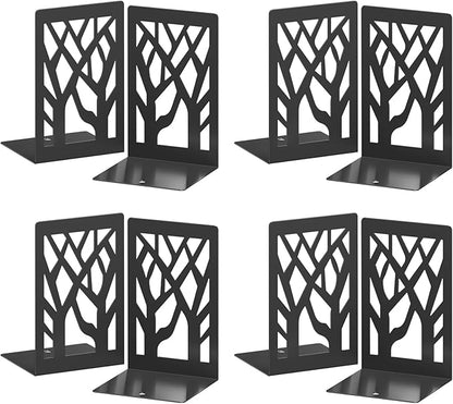 VFINE 8-Piece Metal Bookends for Shelves, Black Tree Book Ends for Books, Decorative Desk Book Organizer, Non-Skid Shelve Bookends for Home Office Shcool Supplies