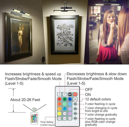 LUXSWAY Picture Lights Rechargeable,Painting Light for Picture with Aluminum Finish,Upgrade 12 Color Changing Art Lights with Timer for Display,Dart Board Lighting-Black