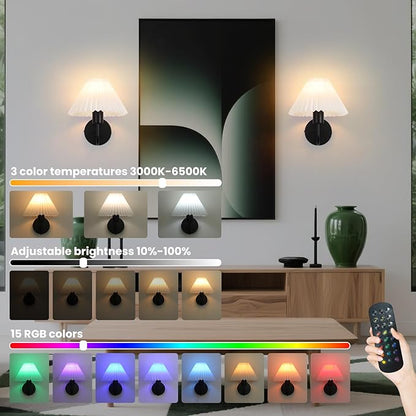 Rechargeable Battery Operated Wall Sconces Set of 2,Black Wall Lights with Remote,Dimmable Wall Lamp with Pleated Shades,15 Colors Wireless Bathroom Vanity Wall Light for Bedroom Living Room Hallway