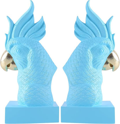 Blue Parrot Decorative Bookends,Set of 2 Cute Bird Animal Sculpture Book Ends to Hold Hevay Duty Books,Unique Resin Statues Book Stopper for Home Office Desk Bookshelf Decor
