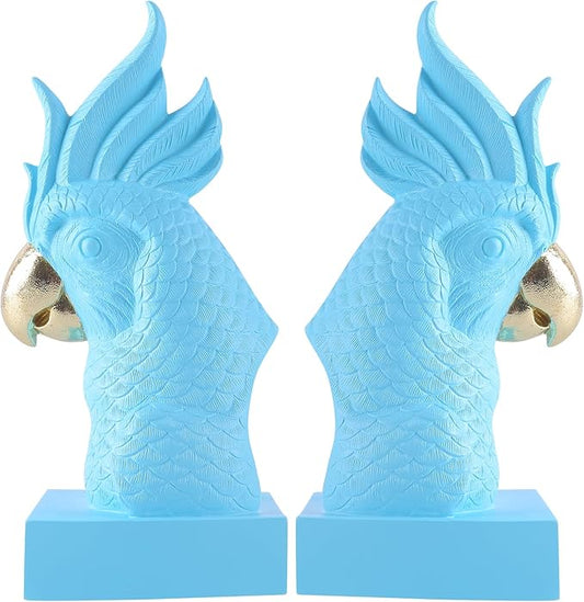 Blue Parrot Decorative Bookends,Set of 2 Cute Bird Animal Sculpture Book Ends to Hold Hevay Duty Books,Unique Resin Statues Book Stopper for Home Office Desk Bookshelf Decor