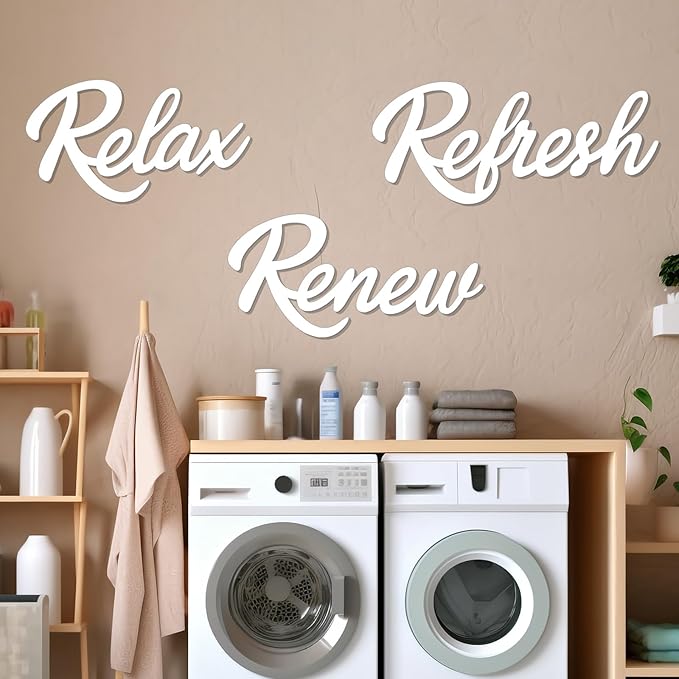 3 Pieces Bathroom Decor White Wooden Bath Room Sign Bathroom Wall Art Farmhouse Relax Renew Refresh Sign (White-large)