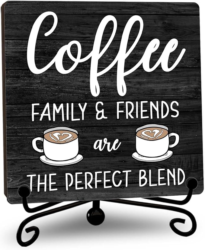 Farmhouse Coffee Bar Decor, Family Friends Wooden Signs for Home Office Desk Shelf, Rustic Tabletop Centerpieces for Kitchen Accessories - A06
