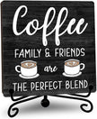 Farmhouse Coffee Bar Decor, Family Friends Wooden Signs for Home Office Desk Shelf, Rustic Tabletop Centerpieces for Kitchen Accessories - A06