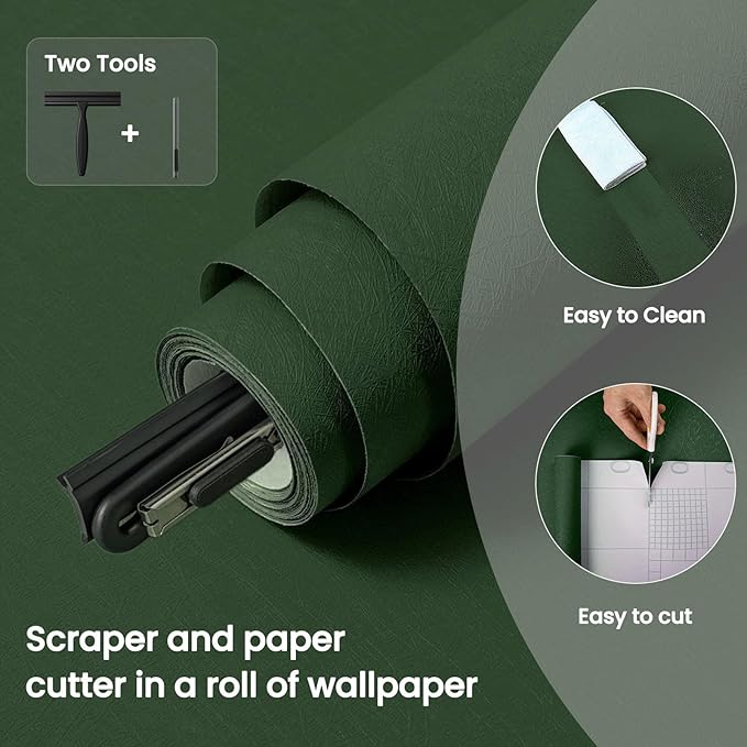 Abyssaly Green Wallpaper Peel and Stick 15.7" x 196.8" Silk Embossed Green Contact Paper for Cabinets Removable Self Adhesive Textured Wallpaper Covering for Bedroom with Scraper, Paper Cutter