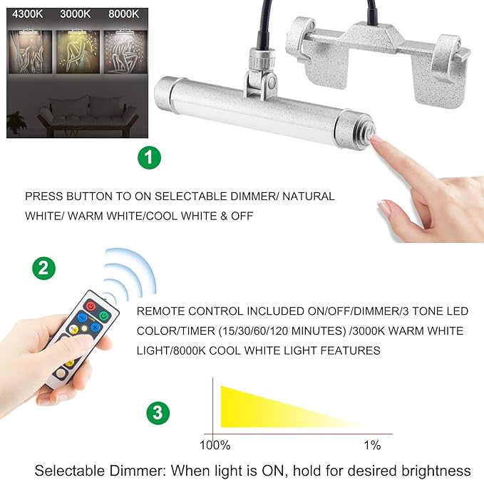 LUXSWAY Wireless Picture Frame Led Lighting,Rechargeable Art Display Lighting Clip on Pictures,Over Painting Lights,Artwork Lamp with Flexible Neck,28 LEDs 3 Lighting Modes 200 LM-Silver