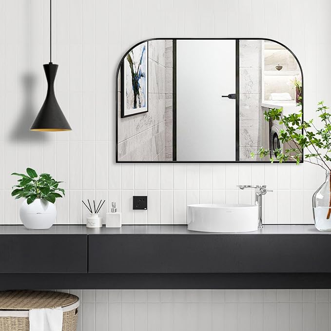 Modern Large Wall Mirror, Modern Mantel Minimalist Home Decor, Brushed Black Metal Framed Arched Mirror for Living Room, Bedroom, Fireplace, Mantle, Entryway, Bathroom, 36" x 24", Black