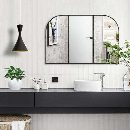 Modern Large Wall Mirror, Modern Mantel Minimalist Home Decor, Brushed Black Metal Framed Arched Mirror for Living Room, Bedroom, Fireplace, Mantle, Entryway, Bathroom, 36" x 24", Black