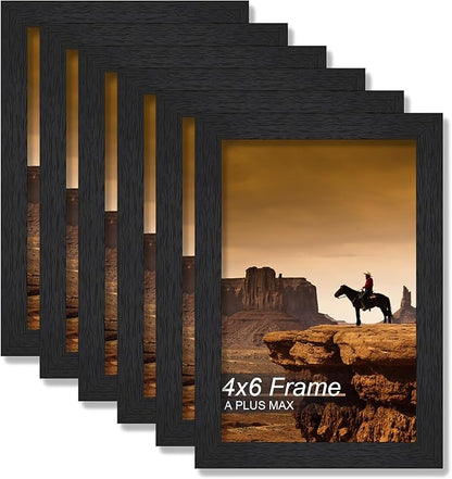 A PLUS MAX 4x6 Picture Frame Set of 6, Black Engineered Wood Frame for 4 x 6 Inch Picture Poster Photo, Light Weight 4 by 6 Frame with Wood-grain for Wall - 6 Pack/Black/4"x6"