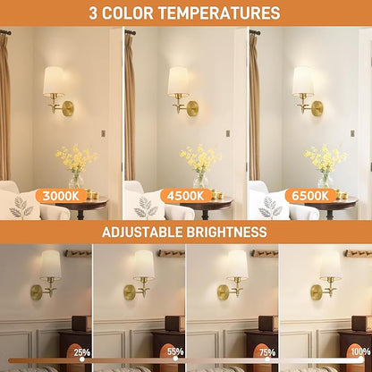 Battery Operated Wall Sconces Set of Two, Wireless Wall Sconces with Remote Control, 3CCT Dimmable Rechargeable Wall Lights, Gold Wall Lamps for Bedroom, Living Room, RGB Bulbs Included, ETL Listed