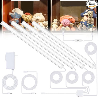 JUSJUBR 4-Pack Cold White Display Shelf Lights, Under Shelf Lighting with Memory Function, 12 Inch 6000K Plug-in Bookshelf Lighting, LED Cabinet Lights for Display Case/Pantry/Closet/Safe