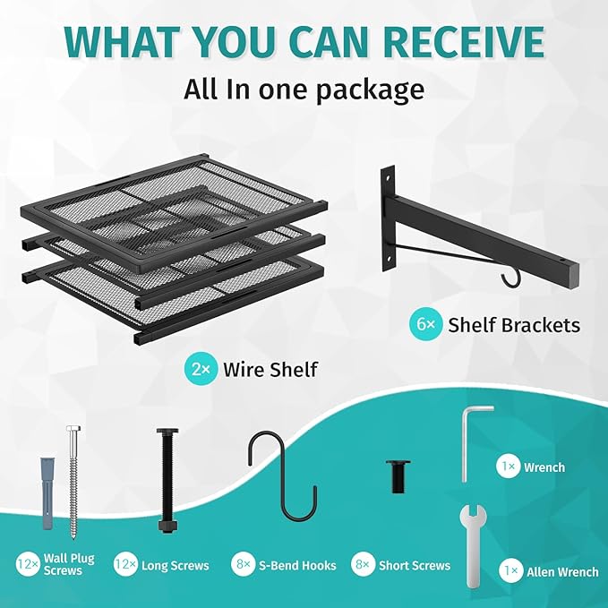 2 Pack Garage Wall Shelving, 46'' x 12.6'' Garage Shelf Wall Mounted, Heavy Duty Storage Shelves 360 LBS Capacity, Floating Storage Rack with 8 Hooks, Metal Shelf Organizer for Basement, Workshop