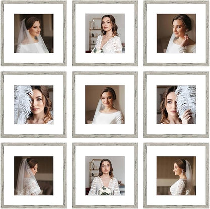 12x12 Picture Frame Set of 9, Display Pictures 8x8 with Mat or 12x12 without Mat, Multi Collage Gallery Square Photo Frames for Wall or Tabletop, Distressed Gray