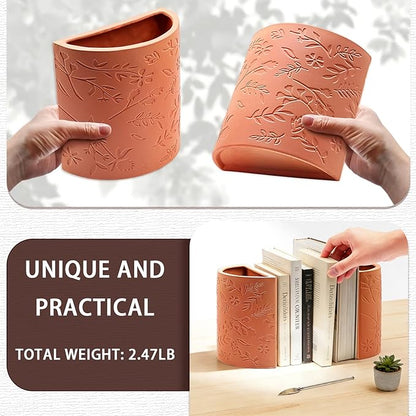 Decorative Bookends, Flower Pot Book Ends for Shelves, Terracotta Kitchen Bookends Novelty Plant Pot Holder, Office Book Shelf Accessories with Funny Indoor Plants Pot