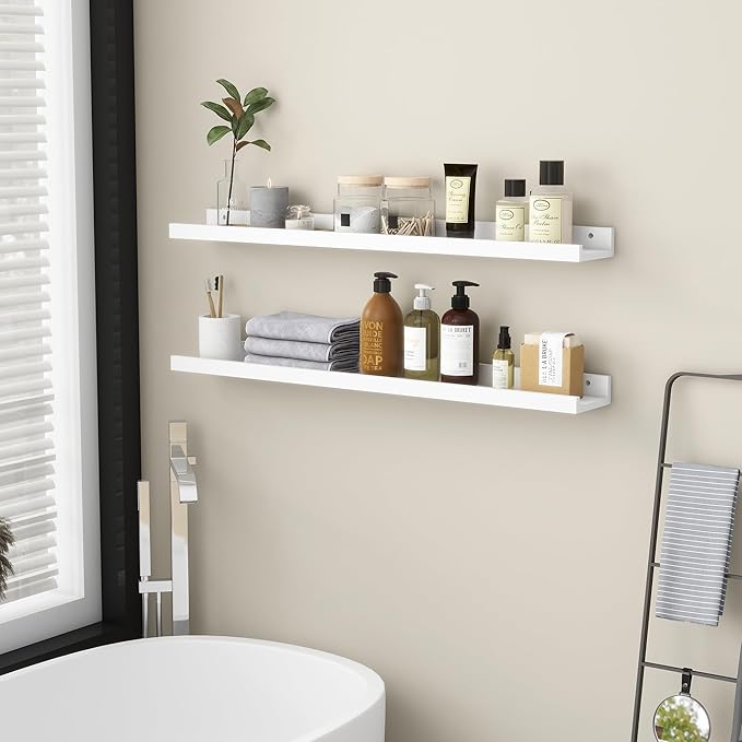 Picture Ledge Shelf for Wall, 36 inch Solid Ash Wood Nursery Book Shelves 2 Packs, Floating Shelves for Kids' Room Bedroom Bathroom Living Room Photo Frames Office Nursey Wall Decor, White