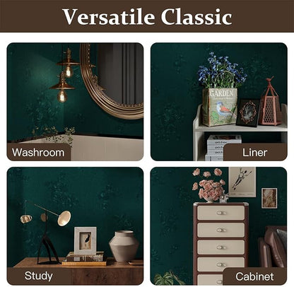 Dimoon 17.7''x118'' Green Peel and Stick Wallpaper Gothic Floral Wall Paper Contact Paper Closeout Renter Friendly Modern Self Adhesive Damask Cabinet Vinyl Roll(118''x17.7'', Green Floral Textured)