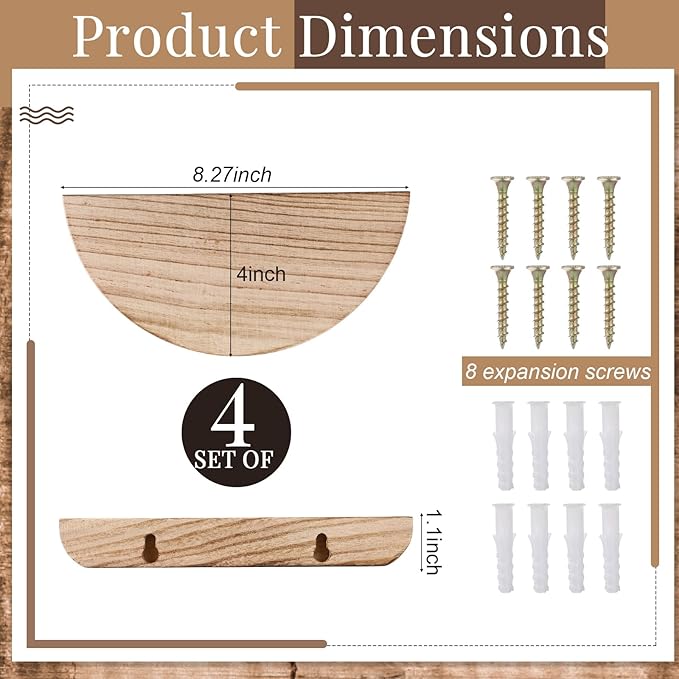 4 Pcs Solid Wood Half Round Floating Wall Shelves, Elegant Floating Wooden Shelves, 8.27 Inch Wall Shelf for Living Room, Bathroom, Bedroom, Offices, Pictures Plant Book(Light Brown)