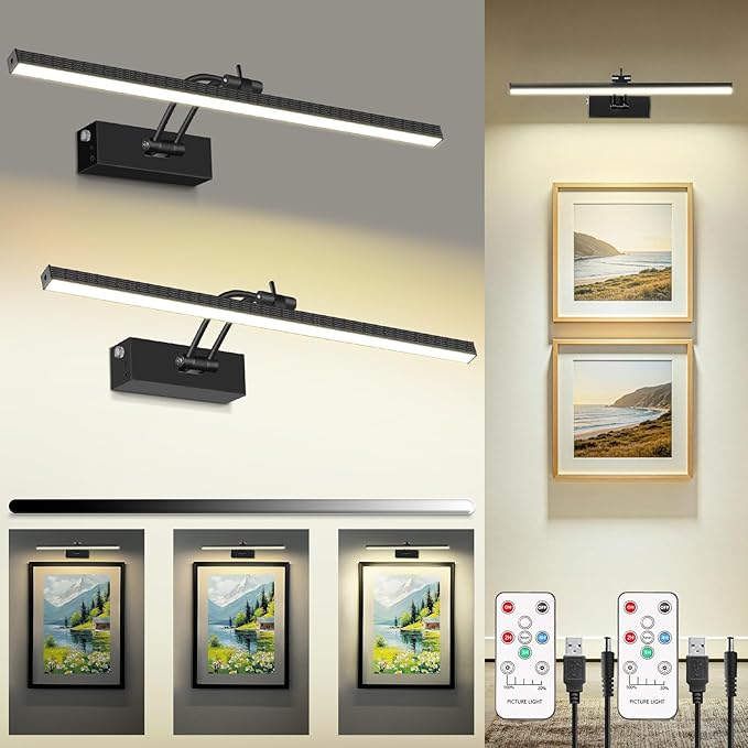 2 Pack Rechargeable Picture Light, 5200mAh Black Battery Operated Picture Lights for Wall with Remote Control, 300LM 3000K Warm White Light 16" Metal Dimmable Picture Light for Painting & Artwork