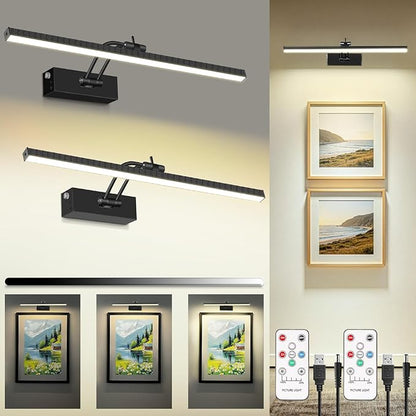 2 Pack Rechargeable Picture Light, 5200mAh Black Battery Operated Picture Lights for Wall with Remote Control, 300LM 3000K Warm White Light 16" Metal Dimmable Picture Light for Painting & Artwork