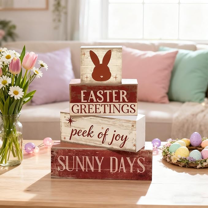 Easter Decorations - Easter Greetings Bunny Tiered Tray Decor - Wooden Easter Bunny Tabletop Sign - Rustic Farmhouse Spring Home Decor Indoor for Tiered Tray Shelf Mantel Entryway Coffee Table - Spring Home Decor for Living Room, Kitchen Counter