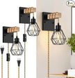 Farmhouse Wood Wall Sconces with Plug in Cord, Black Wall Sconces Set of Two, Wall Lamps that Plug into Wall Outlet, Vintage Sconce Lighting Wall Decor for Bedroom Living Room, with 5.58FT Cord