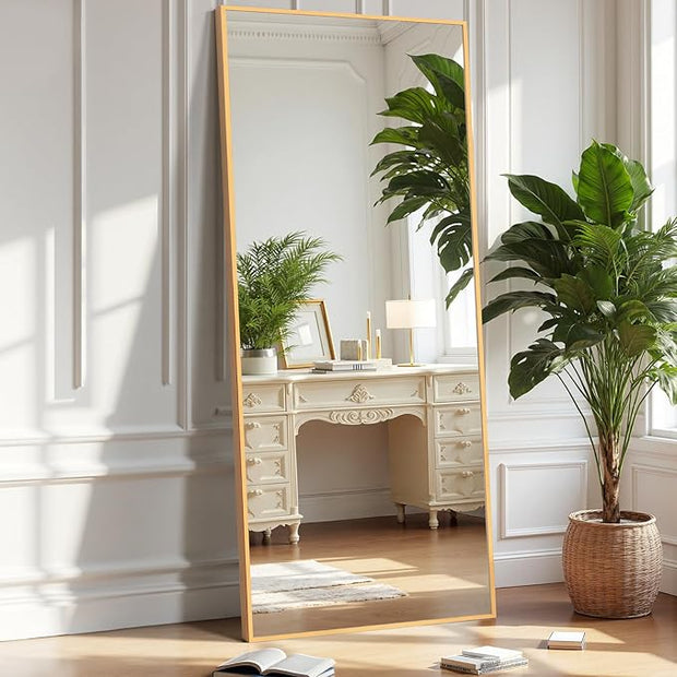 OLIXIS Full Length Mirror for Bedroom, 58"x19" Full Body Mirror with Stand, Hanging or Leaning for Wall, Aluminum Alloy Thin Frame Floor Standing for Living Room, Long, Gold
