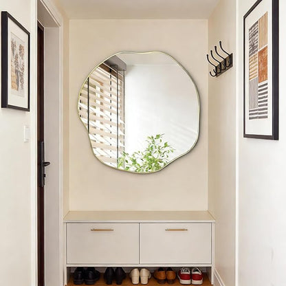 POZINO Asymmetrical Mirror, 25" Irregular Wall Mirrors, Gold Scalloped Rounded Mirror, Modern Frameless Abstract Mirrors for Bathroom Living Room Bedroom Entryway Fireplace