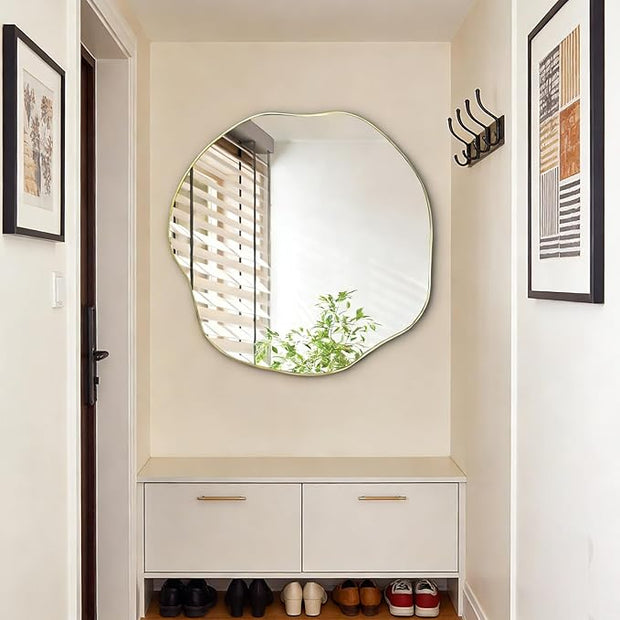 POZINO Asymmetrical Mirror, 25" Irregular Wall Mirrors, Gold Scalloped Rounded Mirror, Modern Frameless Abstract Mirrors for Bathroom Living Room Bedroom Entryway Fireplace