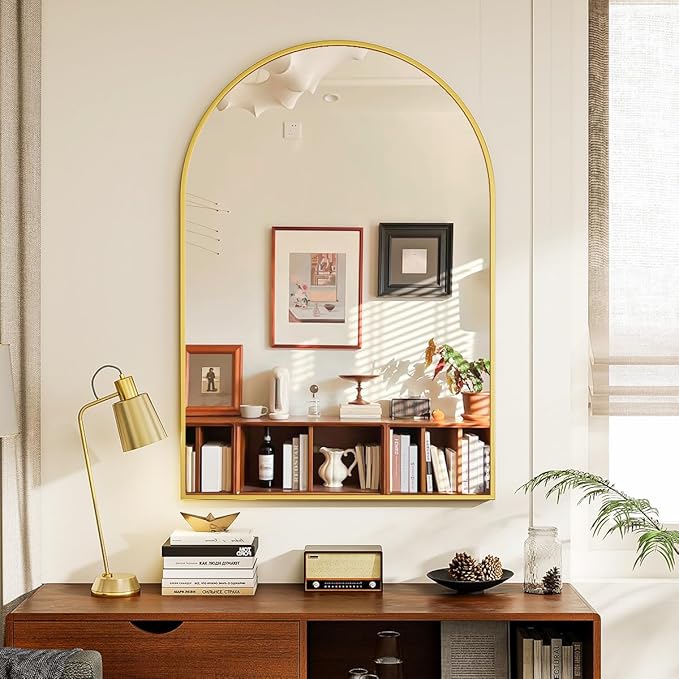 24x36 inch Arch Wall Mirror, Gold Arched Bathroom Vanity Mirrors for Over Sink, Metal Frame Room Wall Decor Haning or Leaning for Entryway, Bedroom, Living Room