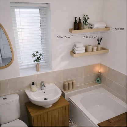 Floating Shelves for Wall, 15.7 Inch Picture Ledge with Raised Lip, Bathroom Shelves Over Toilet, Nursery Book Shelves, Kitchen Spice Rack, Wall Decor Display Ledge, Set of 2, Oak