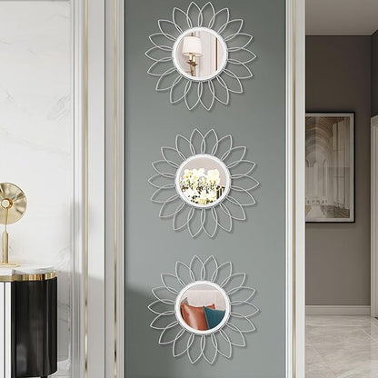 3 Pack Metal Mirrors for Wall Sunburst Wall Mirrors Home Décor Decorative Hanging Wall Art for Living Room Bedroom Entryway (Silver, Flowers)