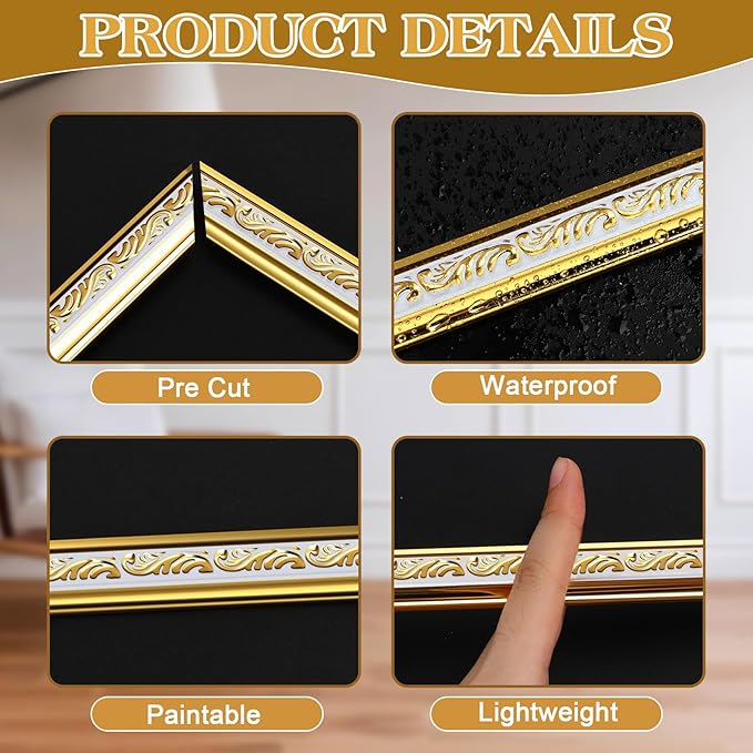 3 Set Gold White Peel and Stick Wall Molding Kit 6 Frame Premade Wainscoting Accent Panel Ready to Assemble 3D Wall Panels Trim for Interior Mirror Home Molding Decor, 54 x 24 Inch