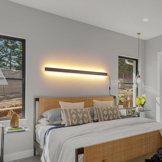 Farmhouse Plug in Long Wall Sconce, 39.3" Faux Walnut Finish LED Wall Lights, 20W Warm White 3000K Acrylic Indoor Wall lamp, with 59" Plug Cable for Bedroom, Living Room, Hallway
