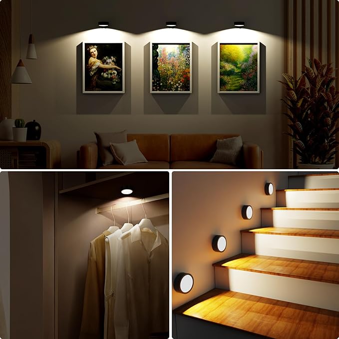 6 Pack Picture Lights for Wall, Rechargeable Battery Operated Wall Lights, Picture Frame Lights with 3 Lighting Modes, Wireless Magnetic Painting Light with Remote Control Timer, (Black)