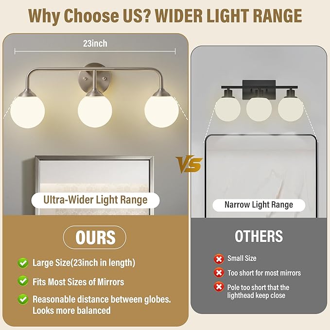 Bathroom Light Fixtures - 3 Light Brushed Brass Vanity Light Over Mirror for Bathroom Mirror Living Room, Brushed Nickel Bathroom Wall Sconce with Frosted Glass Shade, 3 G9 Bulbs Included
