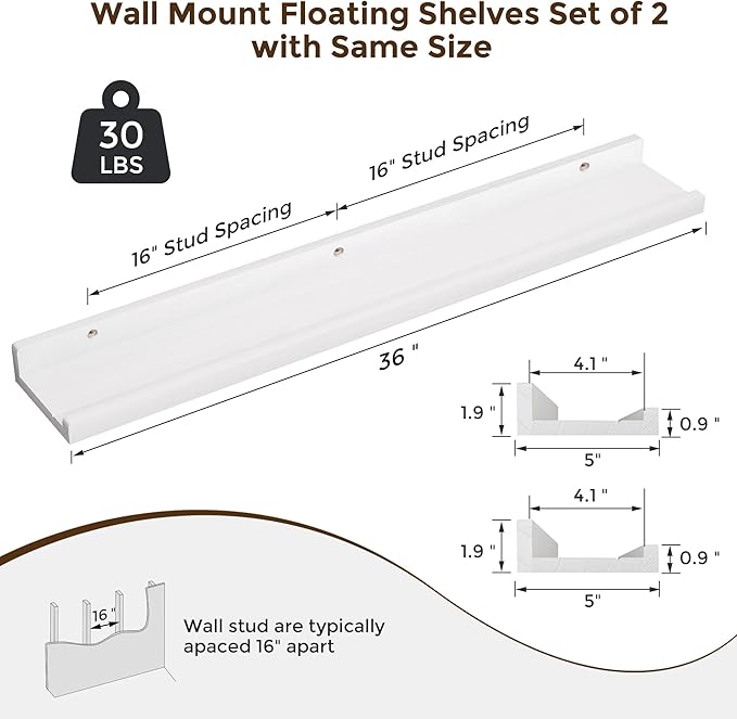 Floating Shelves for Wall, 36 inch Solid Wood Picture Ledge Shelf for Wall Storage, Nursery Book Shelves with Lip for Living Room Bathroom Bedroom Kitchen, Set of 2, Washed White