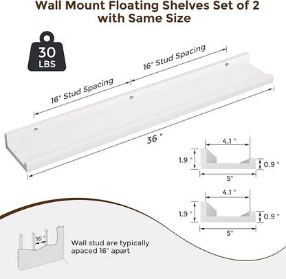 Floating Shelves for Wall, 36 inch Solid Wood Picture Ledge Shelf for Wall Storage, Nursery Book Shelves with Lip for Living Room Bathroom Bedroom Kitchen, Set of 2, Washed White