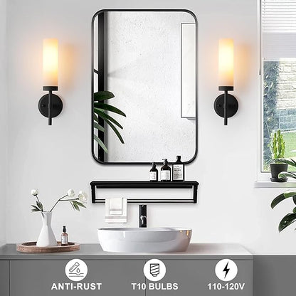 Wall Sconces Set of Two,Matte Black Bathroom Sconces Wall Lighting with White Glass, Modern Sconces Wall Decor Set of 2 Wall Light fixtures for Bathroom Mirror Living Room Hallway Bedroom Wall Lamp