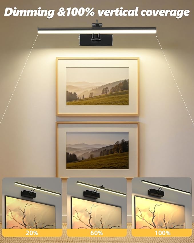 2 Pack Rechargeable Picture Light, 5200mAh Black Battery Operated Picture Lights for Wall with Remote Control, 300LM 3000K Warm White Light 16" Metal Dimmable Picture Light for Painting & Artwork