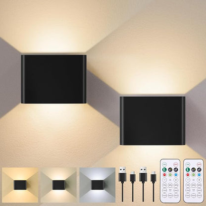 Yochoice Motion Sensor Wall Sconces with Remote Control, 6000mAh Black Wireless Touch Control Rechargeable Lamps with 3 Color Temperatures, LED Up Down Battery Operated Wall Lights Indoor, 2-Pack