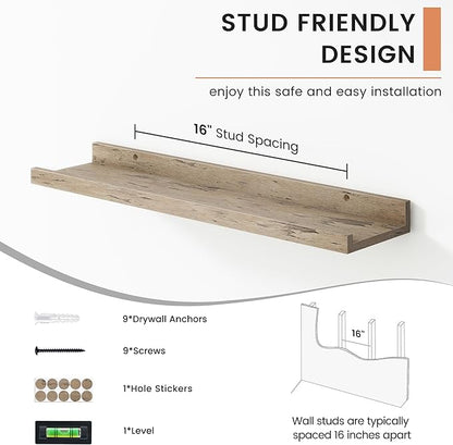 Floating Picture Ledge Shelves Set of 4, 24 Inch Shelves with Lip - Large Nursery Book Shelf for Toys Storage, Kids Bookshelf, Living Room, Bedroom Decor Frames